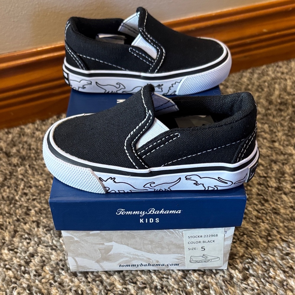 Tommy Bahama Kids Black Slip-On Sneakers with Dinosaur Print